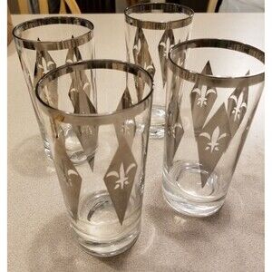 Vintage mcm bar glasses 12oz tumblers w/ silver chrome diamonds & fleur de lis